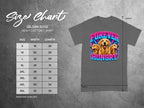 Gildan 5000 t-shirt size chart with "Forever Hungry" graphic.