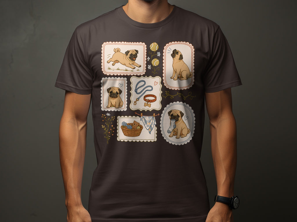 T-shirt with framed illustrations of pugs, balls, and accessories.