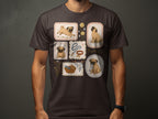 T-shirt with framed illustrations of pugs, balls, and accessories.