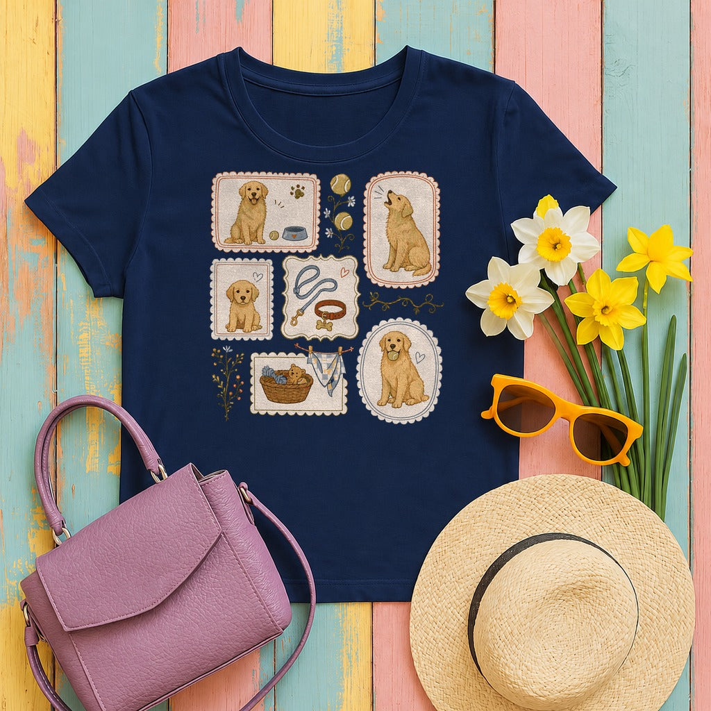 Cozy Golden Retriever Vignettes T-Shirt in Navy