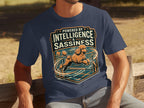 Navy t-shirt with "Powered by Intelligence & Sassiness" and a leaping poodle.