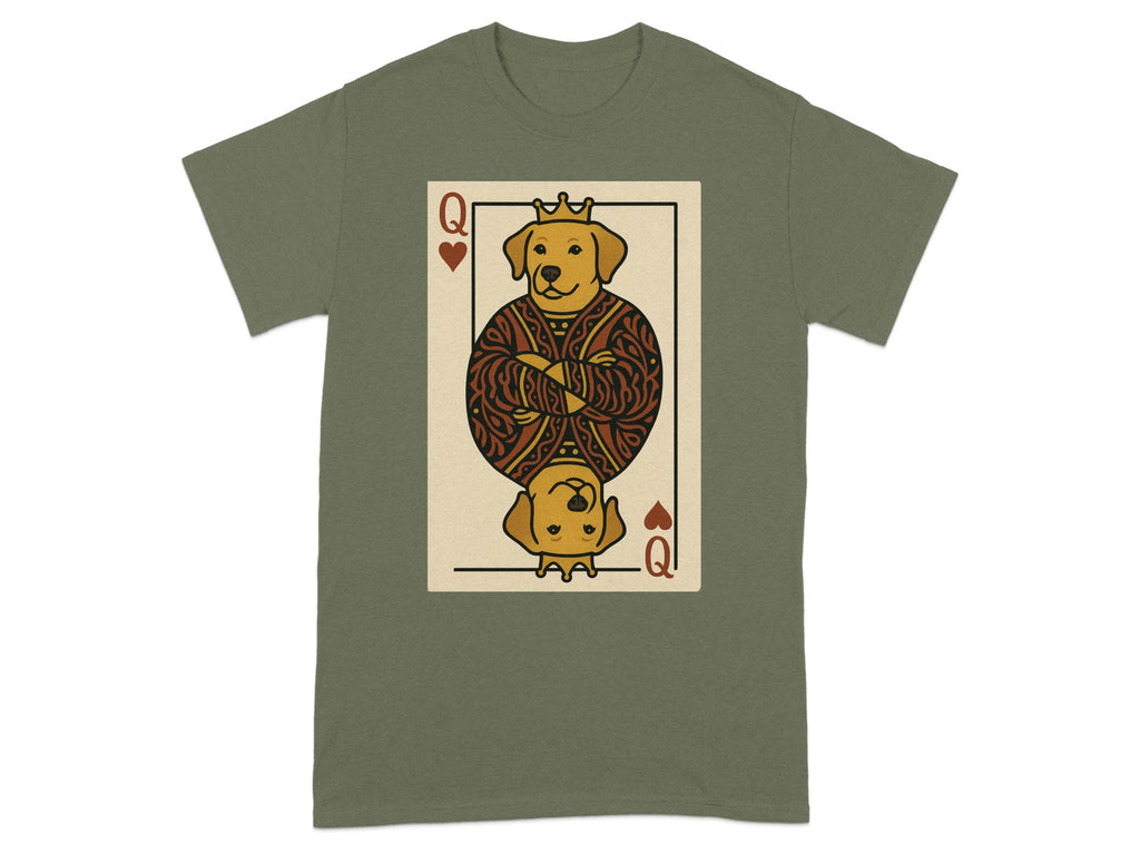 Queen of Hearts dog playing card graphic on a green t-shirt.