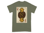Queen of Hearts dog playing card graphic on a green t-shirt.