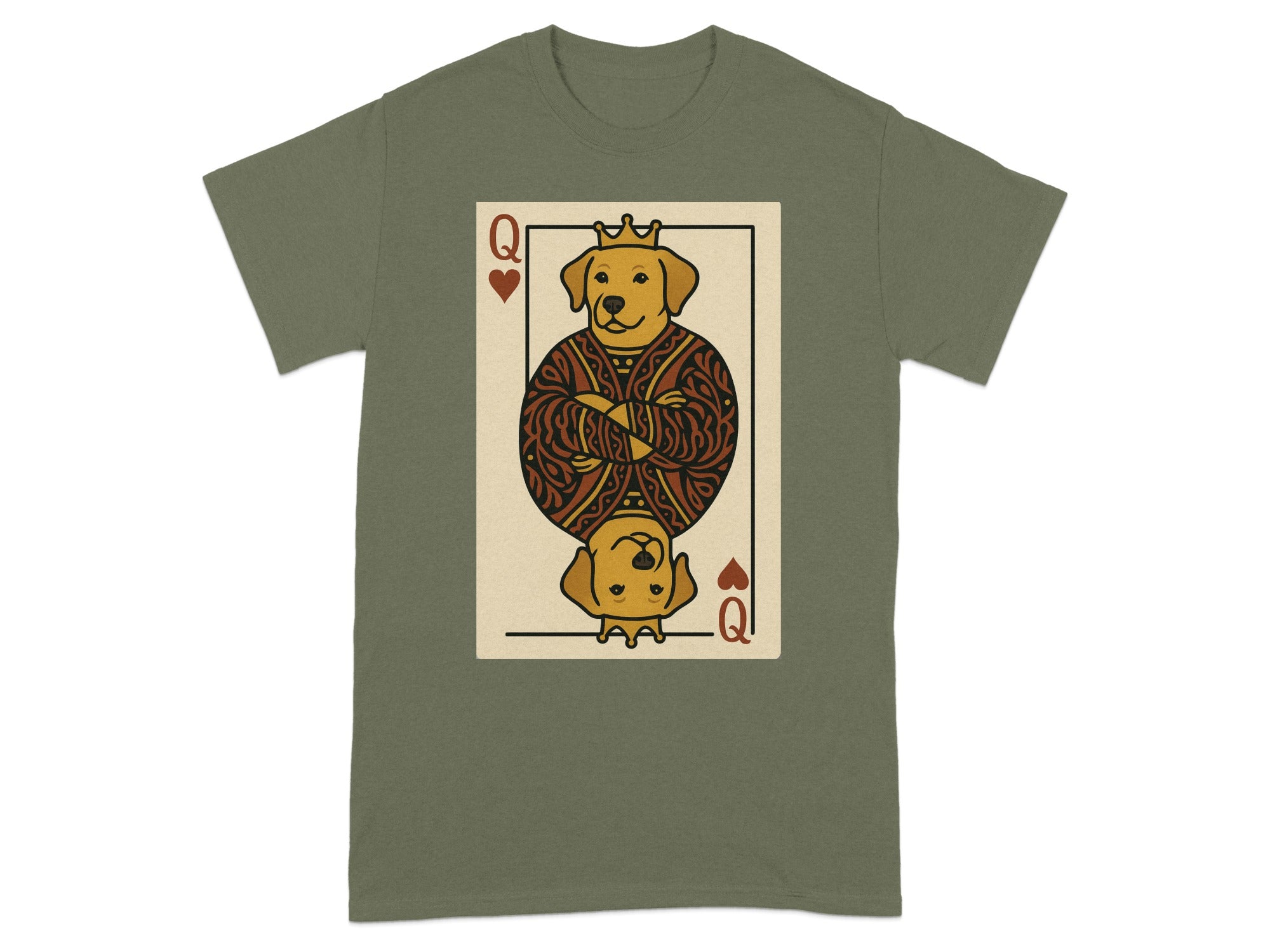 Queen of Hearts dog playing card graphic on a green t-shirt.