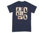 Navy t-shirt with a collage of illustrated black labs and dog-related items.