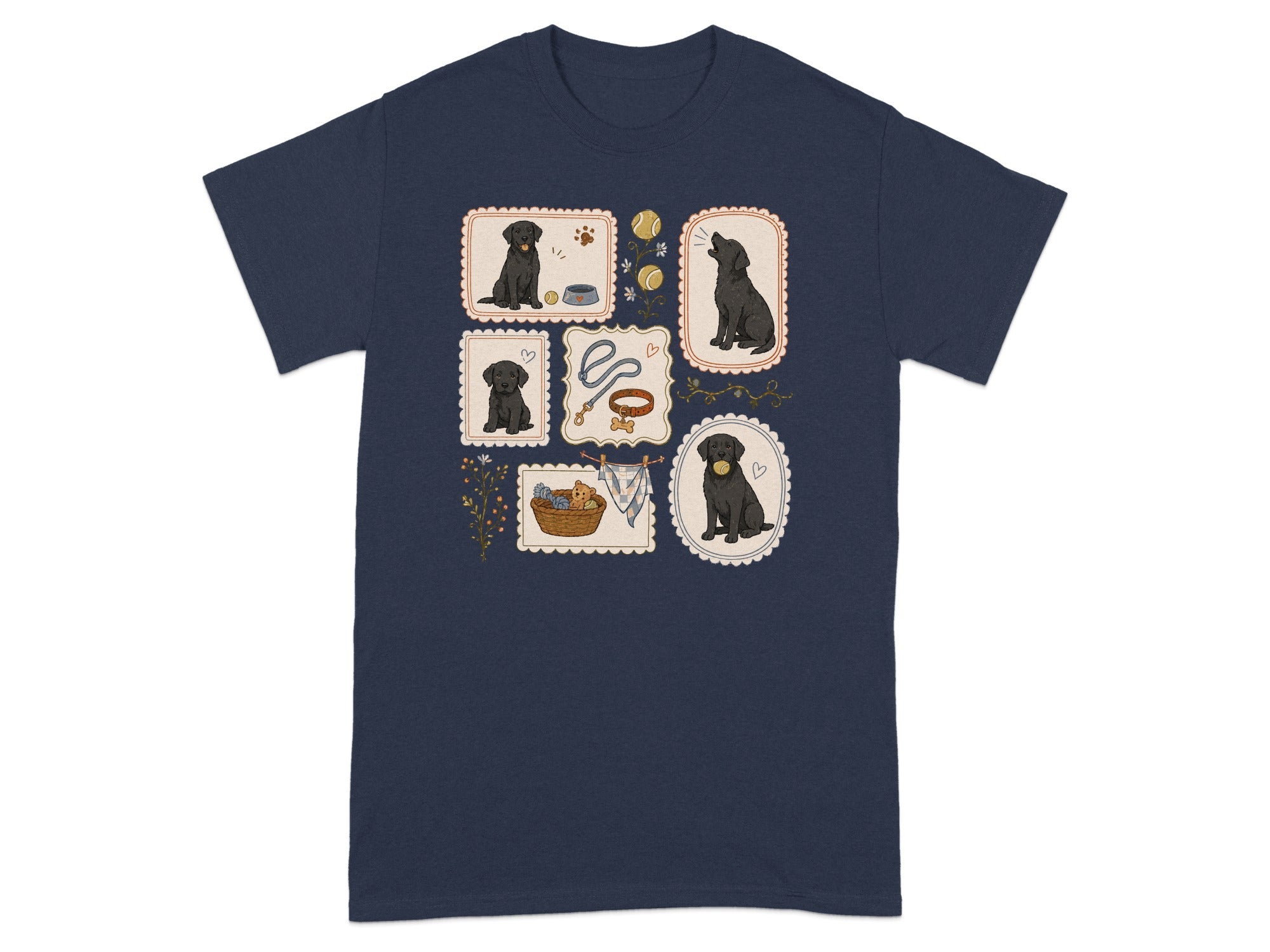 Navy t-shirt with a collage of illustrated black labs and dog-related items.