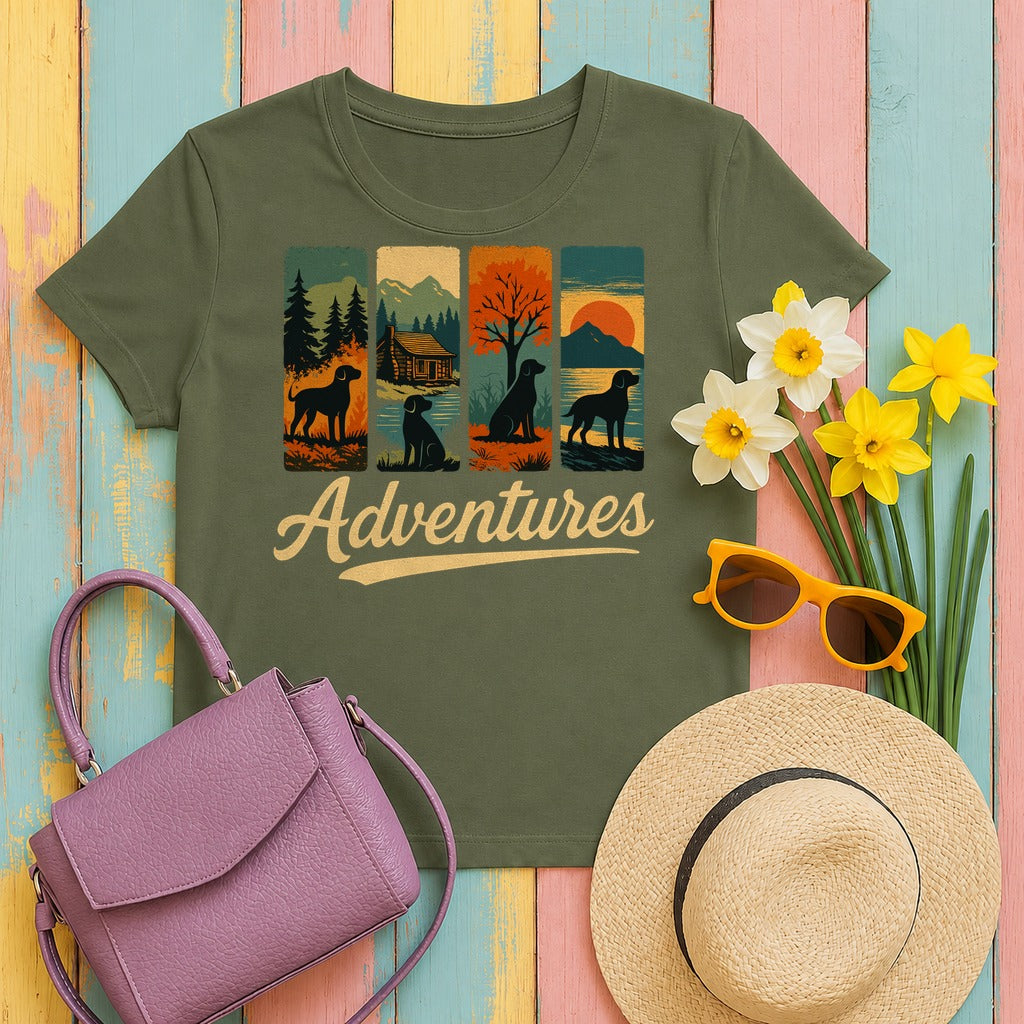 Adventurous Black Labrador in Nature T-Shirt in Military Green