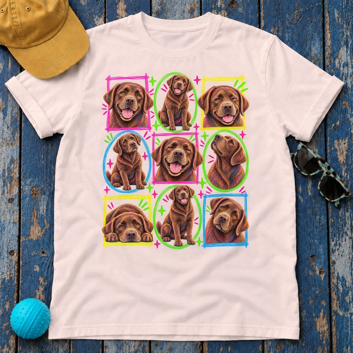 Neon Chocolate Labrador Collage T-Shirt — Soft Pink
