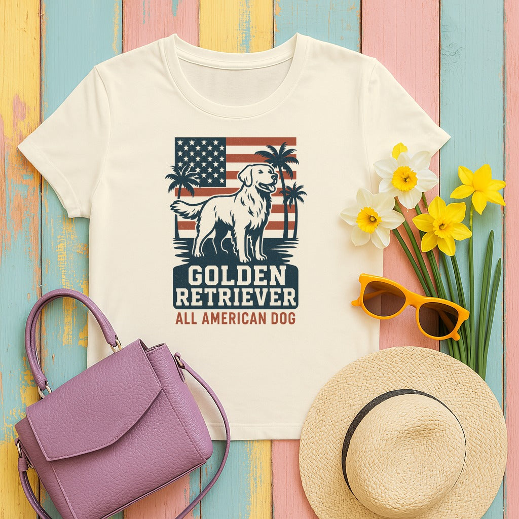 Golden Retriever All American Dog with Flag and Palms T-Shirt in Natural
