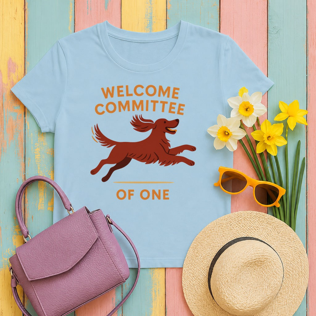Irish Setter Welcome Committee of One T-shirt in Light Blue