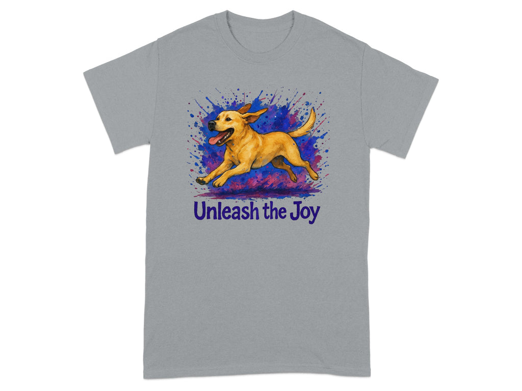 Gray t-shirt with running dog graphic and "Unleash the Joy" text.