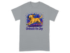 Gray t-shirt with running dog graphic and "Unleash the Joy" text.