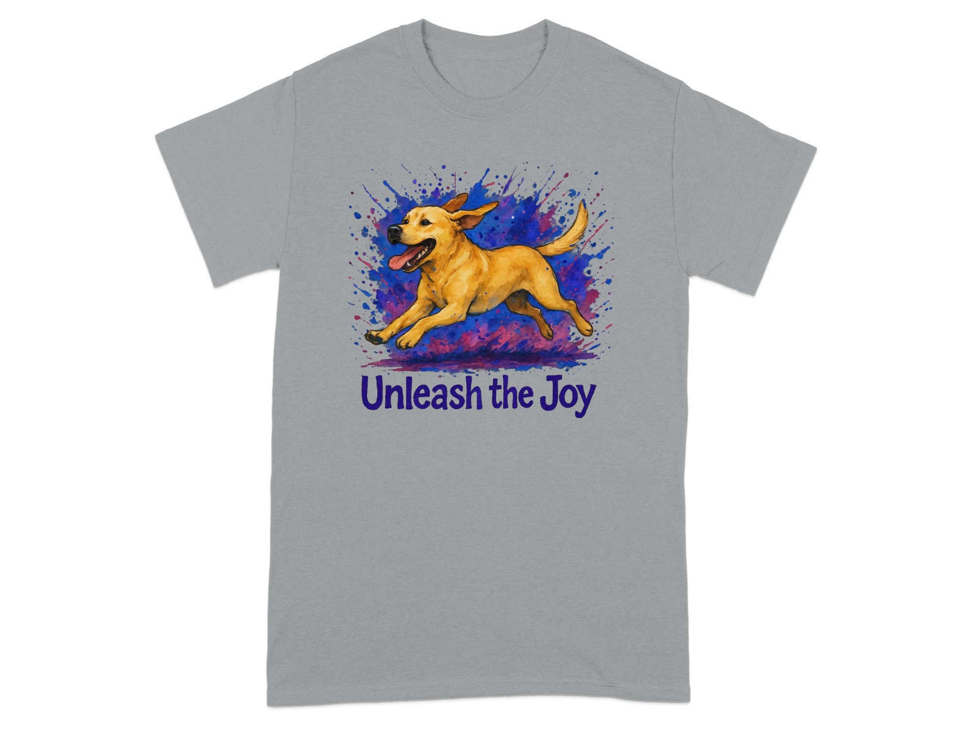 Gray t-shirt with running dog graphic and "Unleash the Joy" text.