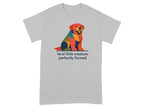 Geometric dog illustration with text "feral little creature, perfectly formed".