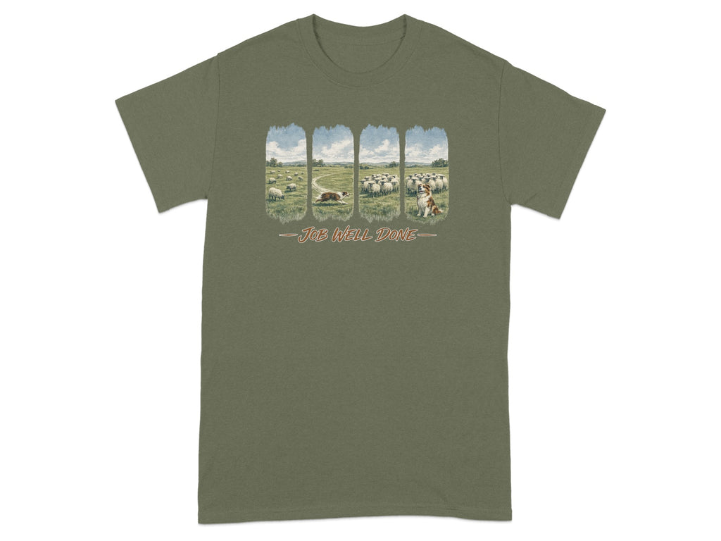 T-shirt with a scenic print of sheep and dogs in a field, text reads "Job Well Done".