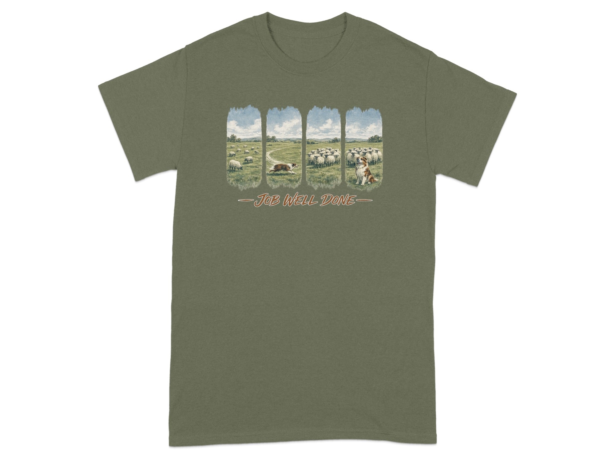T-shirt with a scenic print of sheep and dogs in a field, text reads "Job Well Done".