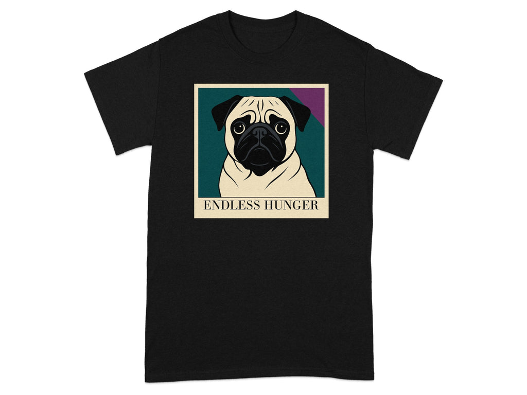 Black t-shirt with pug graphic and text "ENDLESS HUNGER."
