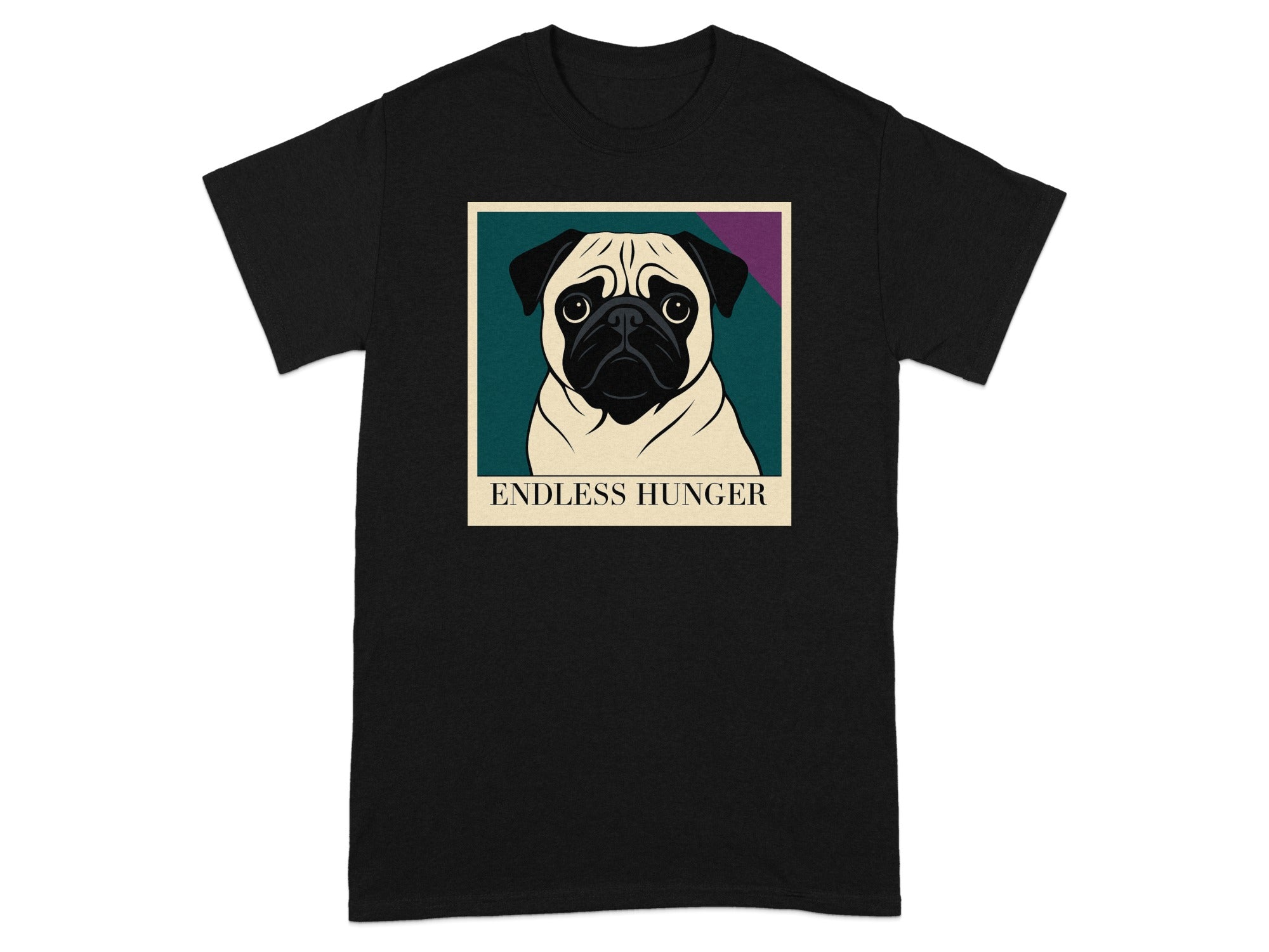 Black t-shirt with pug graphic and text "ENDLESS HUNGER."