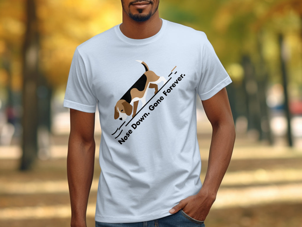 White t-shirt with beagle dog graphic and "Nose Down, Gone Forever" text.