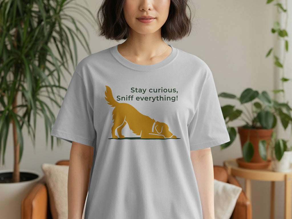 Grey t-shirt with golden dog illustration and "Stay curious, Sniff everything!" text.