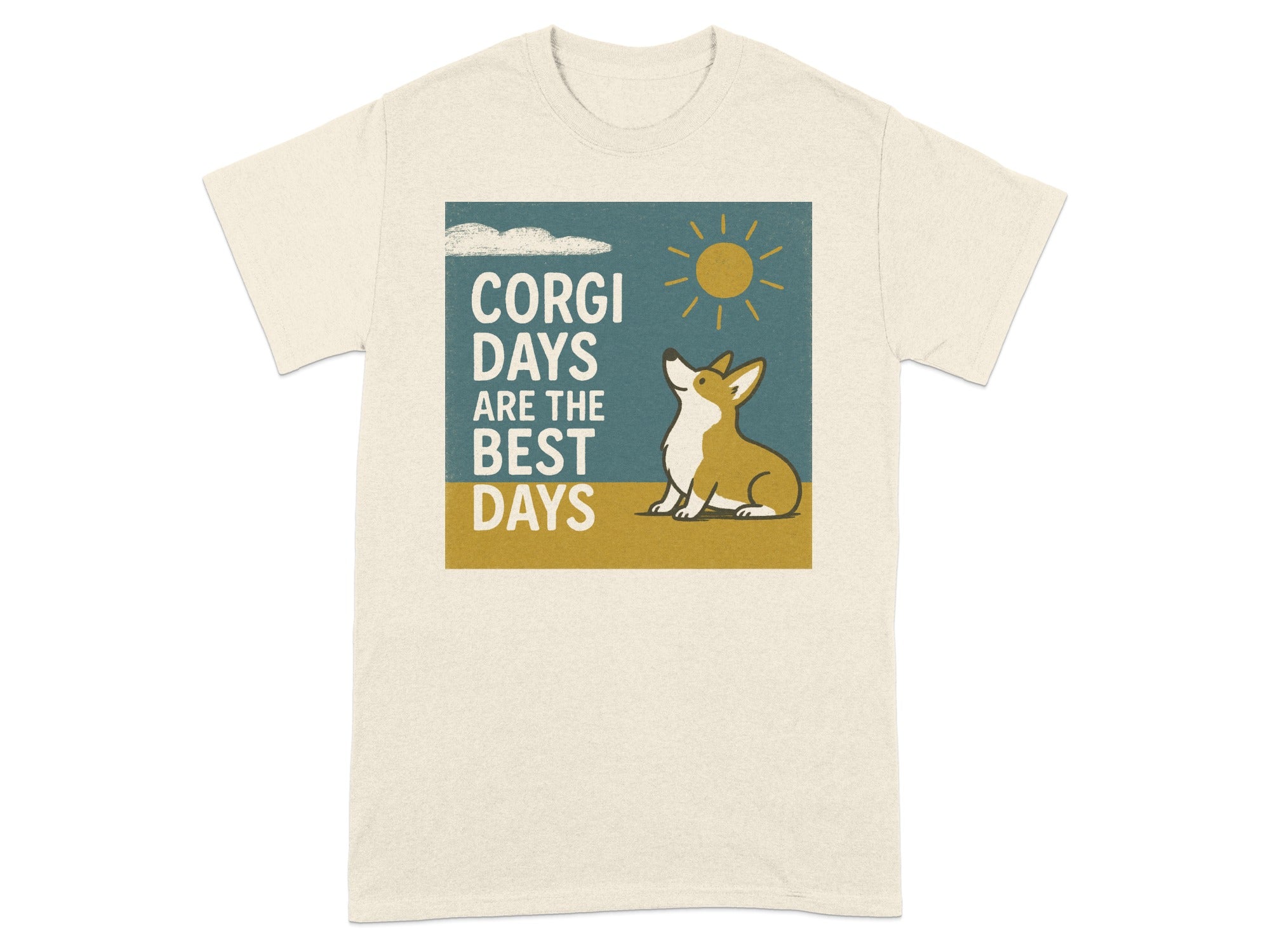 Corgi Days are the best days text with corgi sitting under the sun.