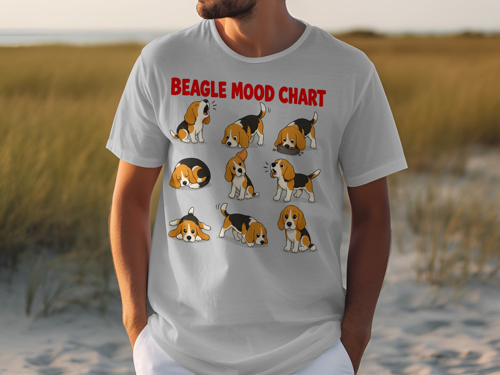T-shirt featuring a grid of nine cartoon beagles in various playful poses.
