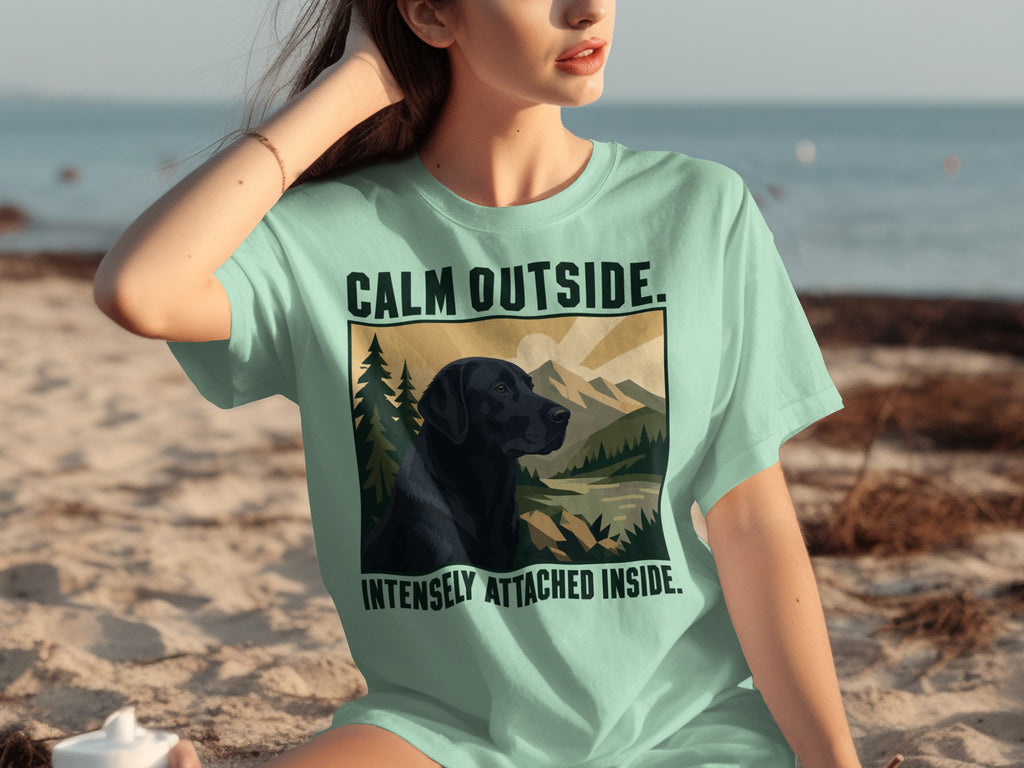 Mint green t-shirt with black lab and mountains, reading "CALM OUTSIDE. INTENSELY ATTACHED INSIDE."