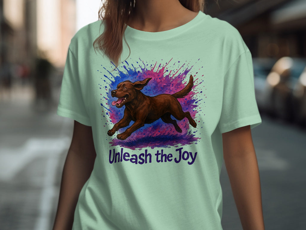 Mint green t-shirt with brown dog running through splattered paint, "Unleash the Joy" text.