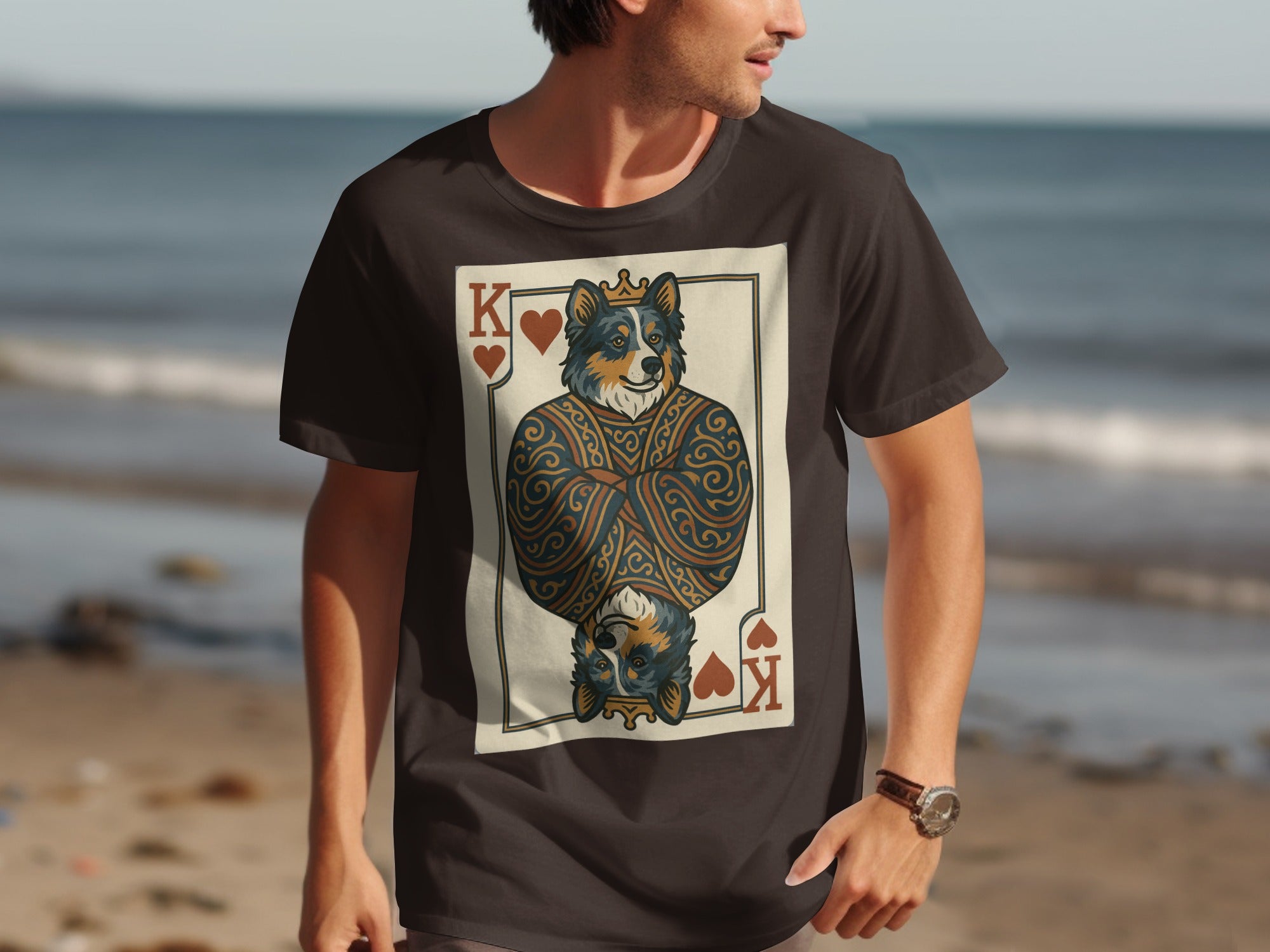 T-shirt graphic features dog as King of Hearts playing card.