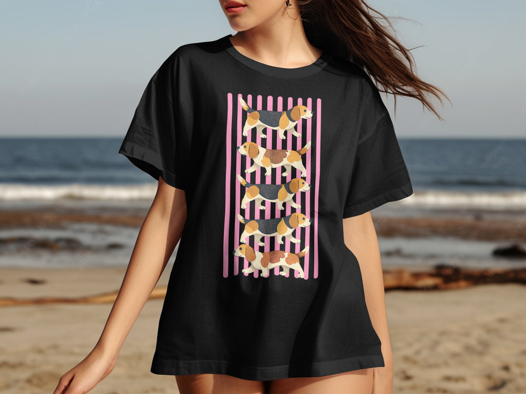 Black t-shirt with a repeating pattern of four beagle dogs in a row.