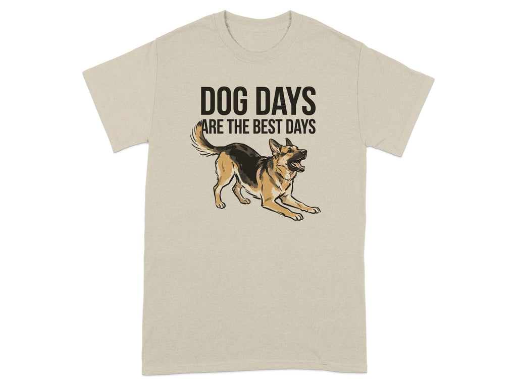Beige t-shirt with "DOG DAYS ARE THE BEST DAYS" text and German Shepherd illustration.