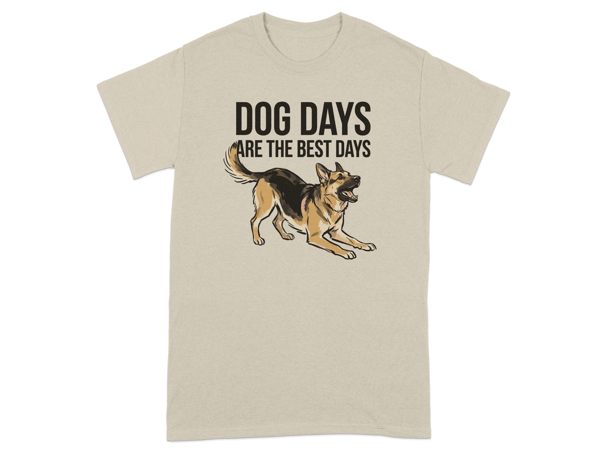 Beige t-shirt with "DOG DAYS ARE THE BEST DAYS" text and German Shepherd illustration.