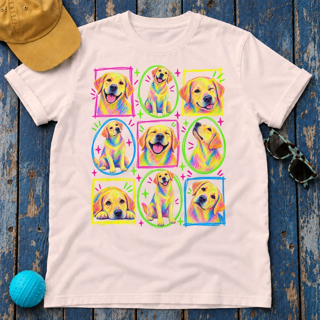 Neon Crayon Labrador Collage T-Shirt — Soft Pink