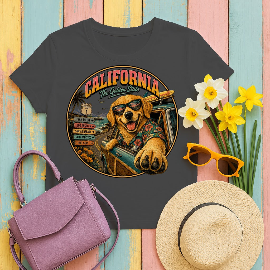 Retro Surf Golden Retriever T-Shirt in Dark Heather