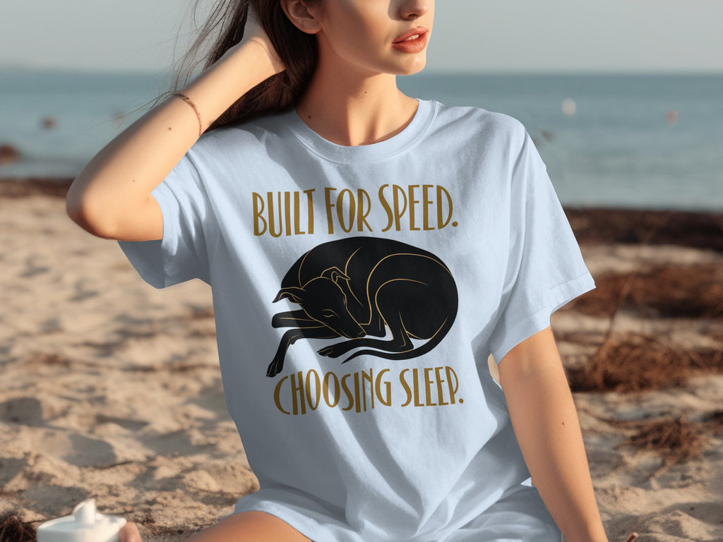 Light blue t-shirt with sleeping black dog graphic and text.