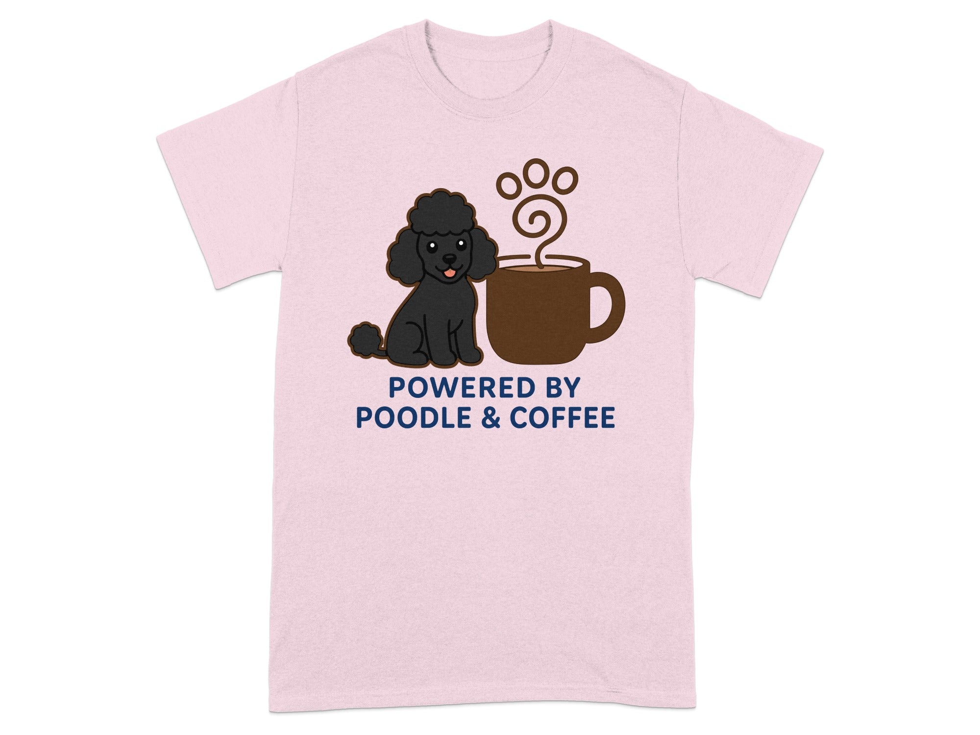Black poodle sits next to a steaming coffee mug with text "POWERED BY POODLE & COFFEE".
