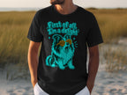 Black t-shirt with a blue graphic of a dog wearing sunglasses and text.