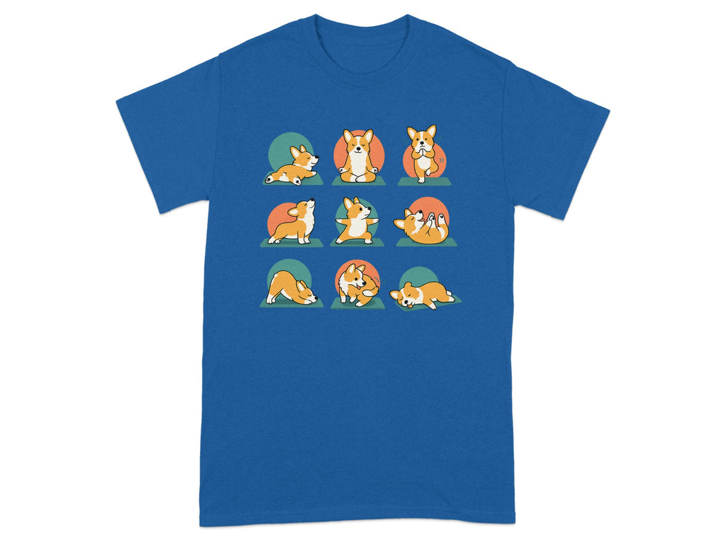 Blue t-shirt with nine cartoon corgis in various yoga poses.