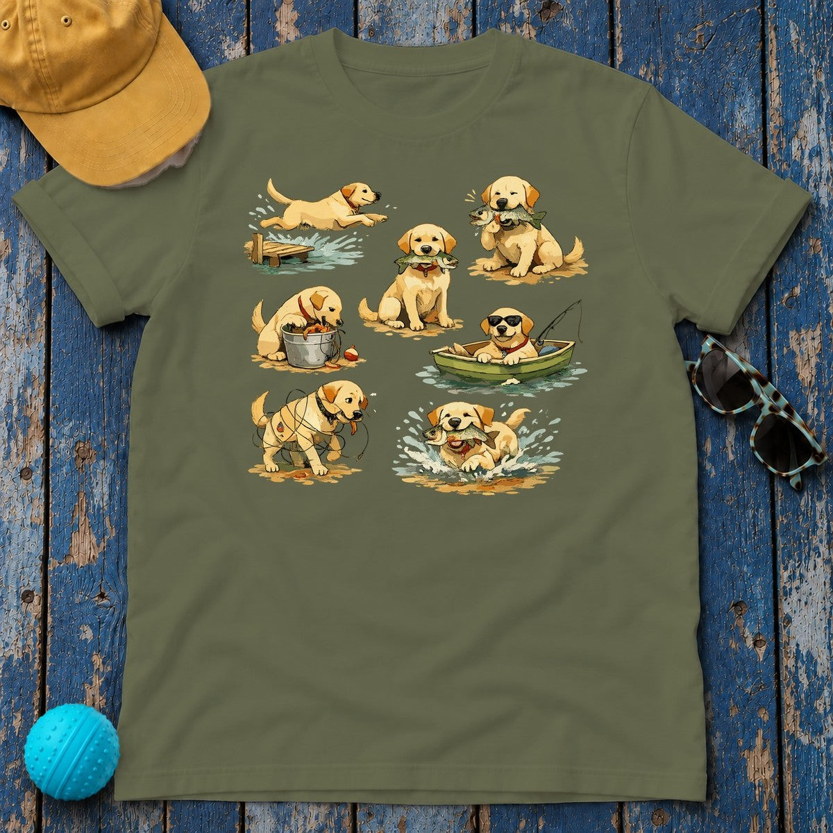 Happy Lab Angler Watercolor T-Shirt in Military Green