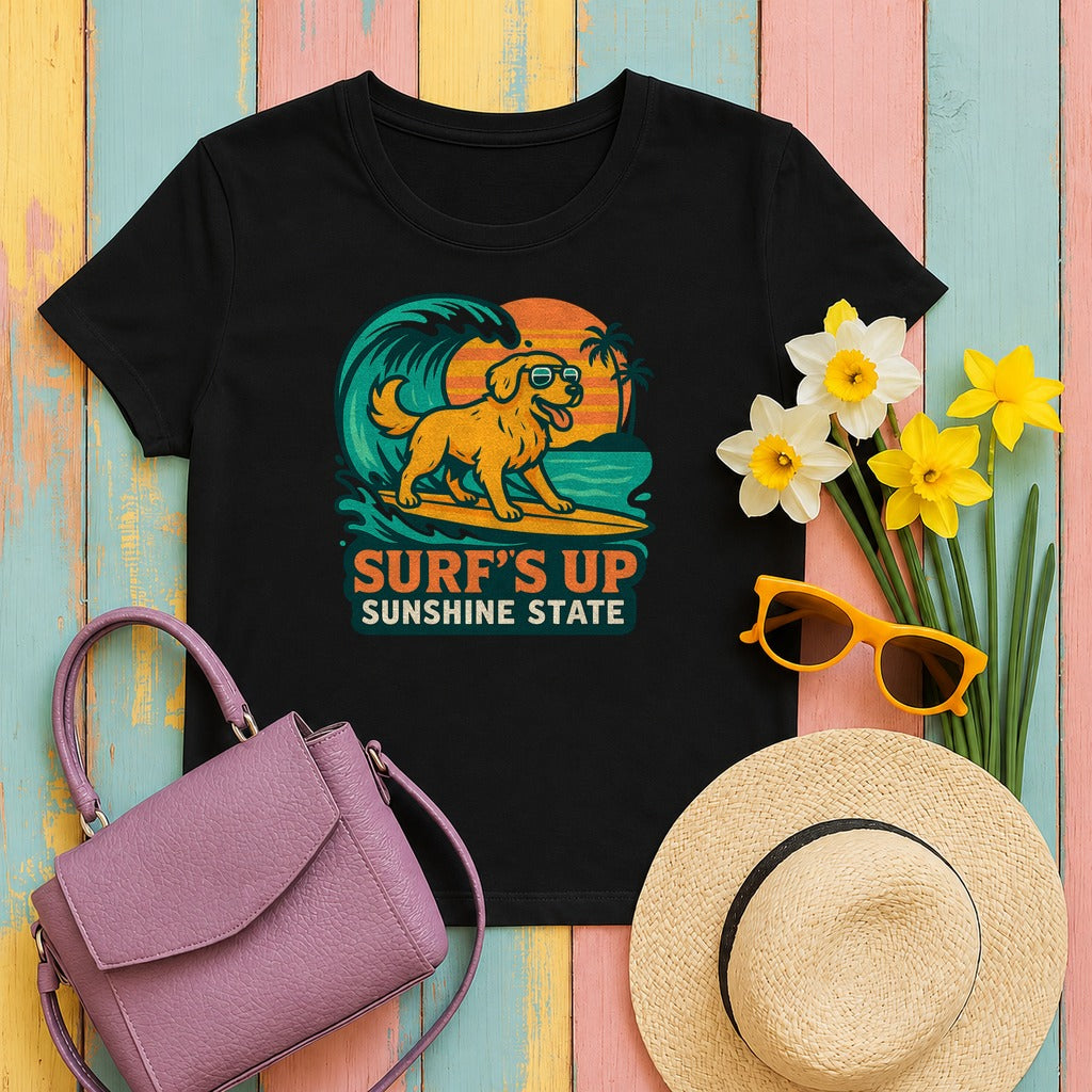 Surf's Up Sunshine State Golden Retriever Surfing T-Shirt in Black