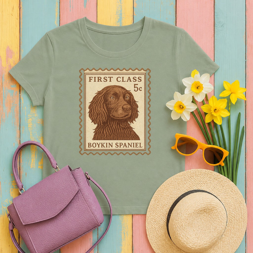 Boykin Spaniel First Class Stamp T-shirt in Sage