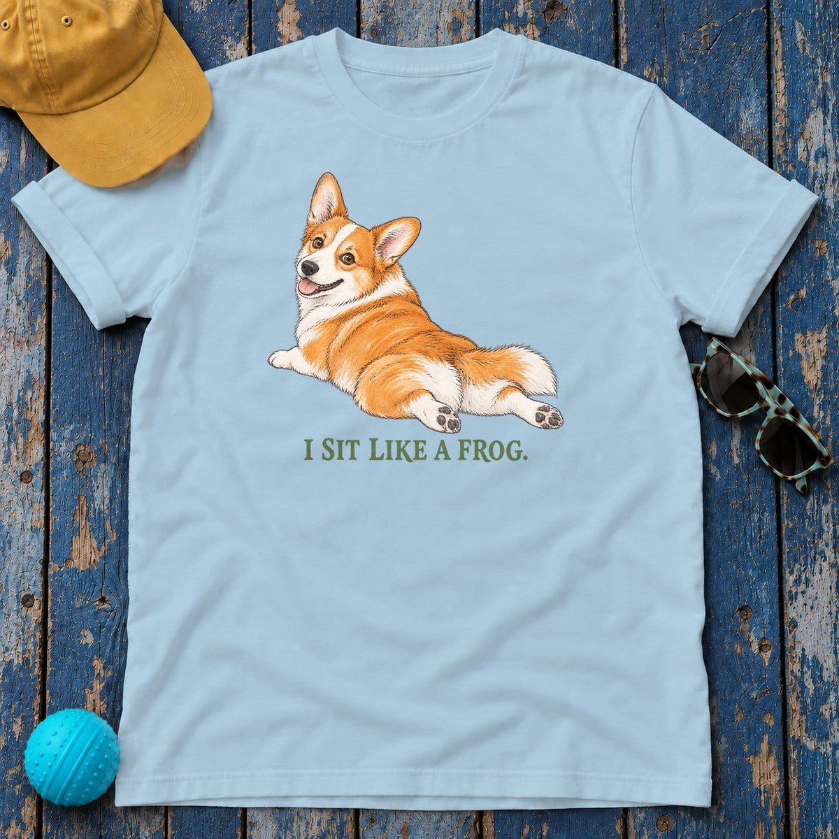 I Sit Like a Frog Corgi T-Shirt in Light Blue - flat lay