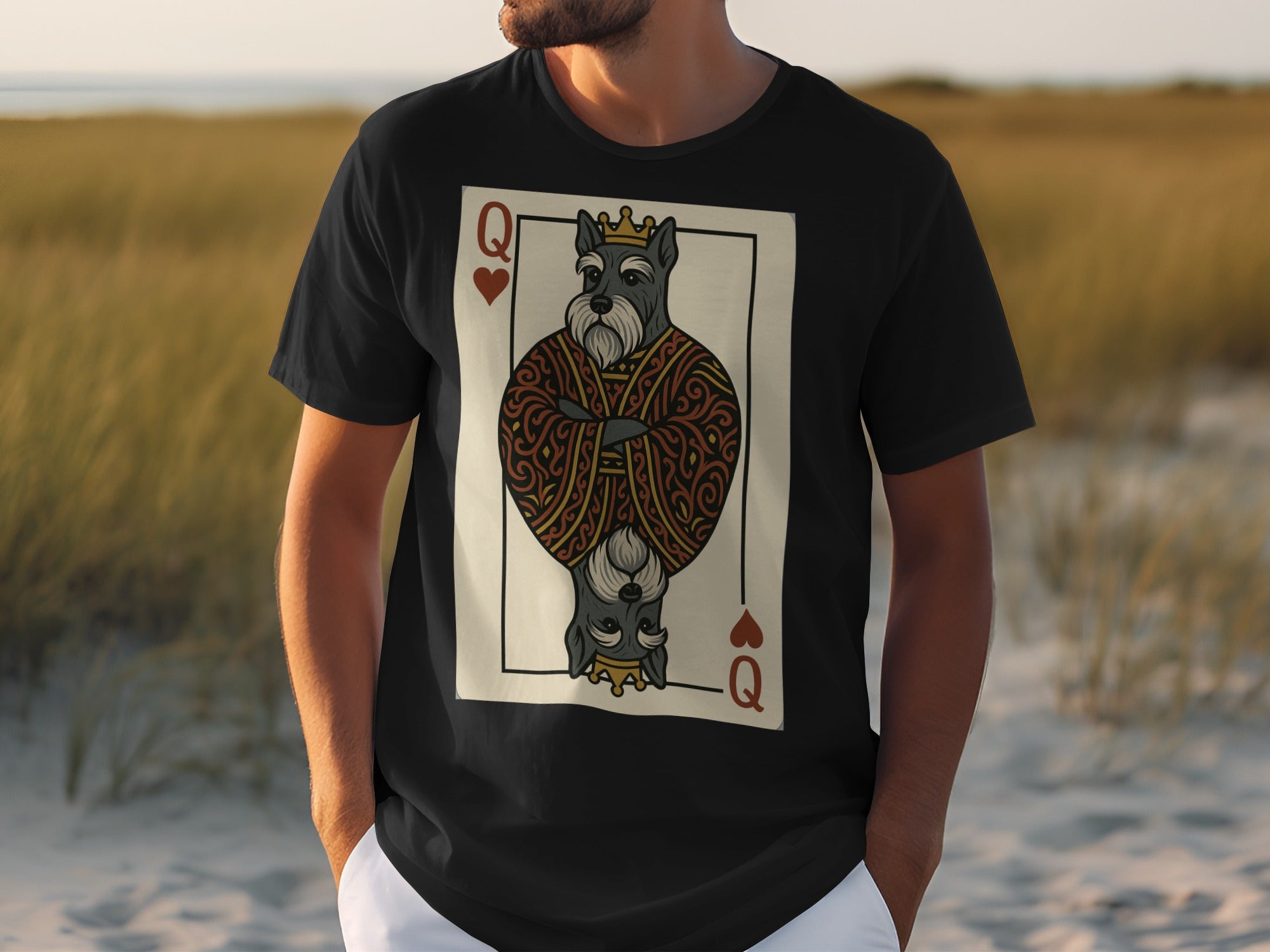 Black t-shirt with queen of hearts playing card featuring a schnauzer dog.