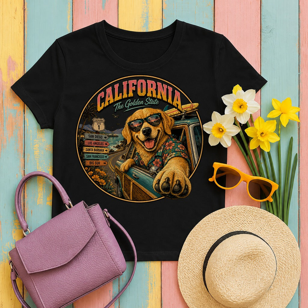 Retro Surf Golden Retriever T-Shirt in Black