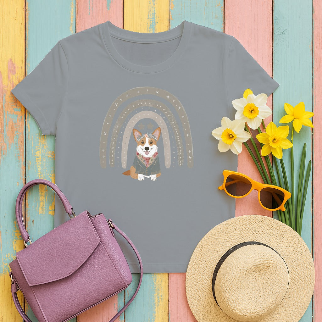 Cute Corgi with Rainbow Stars Print T-Shirts in Gravel