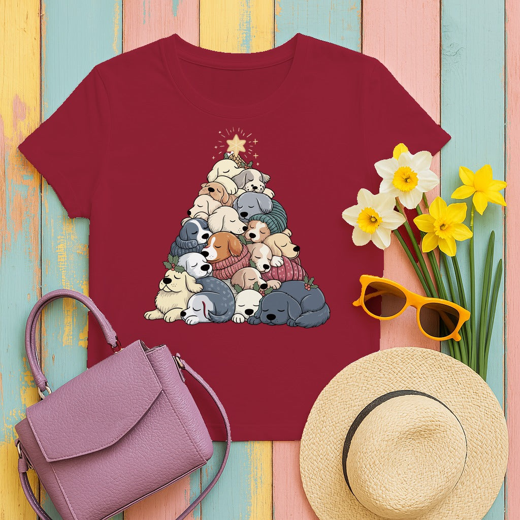 Sleeping Dogs Stacked Christmas Tree T-Shirt in Cardinal Red