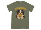 Green t-shirt with "BALL OBSESSED" text above a dog holding a tennis ball.