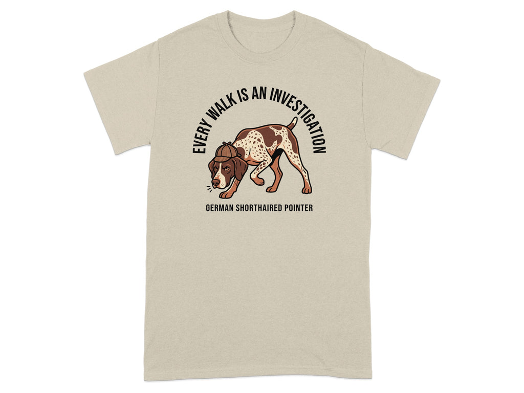 German Shorthaired Pointer dog wearing detective hat on t-shirt.