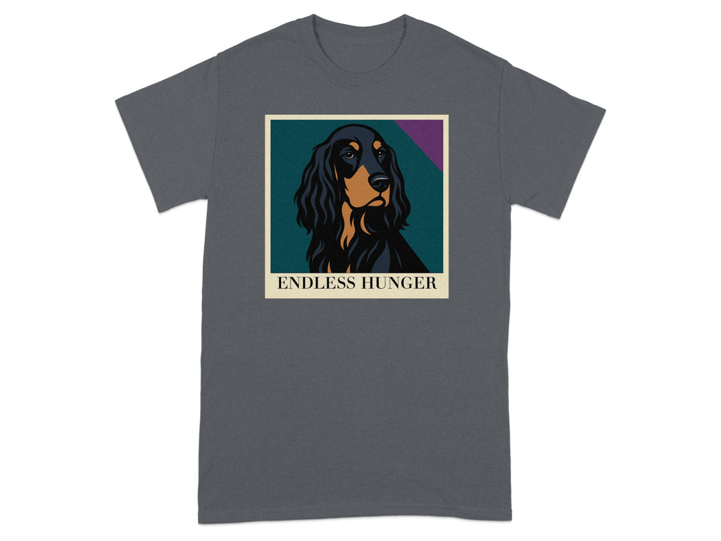 Dark grey t-shirt with graphic of dog and text "ENDLESS HUNGER".