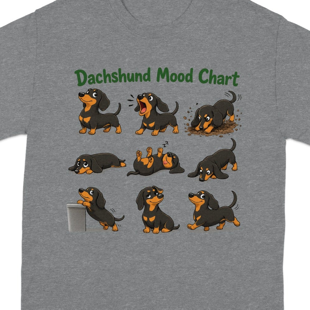 Dachshund mood chart with nine cartoon dachshunds in various playful poses.